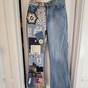 UO BDG High Waisted Flare Indigo Craft Patchwork Jeans Size 27 BOHO